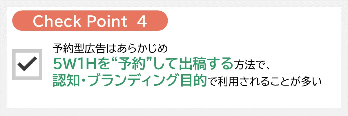 予約型広告はあらかじめ5W1Hを予約して出稿する方法で認知・ブランディング目的で利用されることが多い