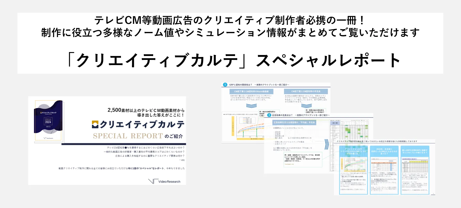 テレビCM等動画広告のクリエイティブ制作者必携の一冊！制作に役立つ多様なノーム値やシミュレーション情報がまとめてご覧いただけます。「クリエイティブカルテ」スペシャルレポート