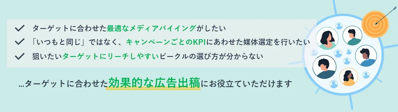 ターゲットに合わせた最適なメディアバイイングがしたい 「いつもと同じ」ではなく、キャンペーンごとのKPIにあわせた媒体選定を行いたい 狙いたいターゲットにリーチしやすいビークルの選び方が分からない ...ターゲットに合わせた効果的な広告出稿にお役立ていただけます