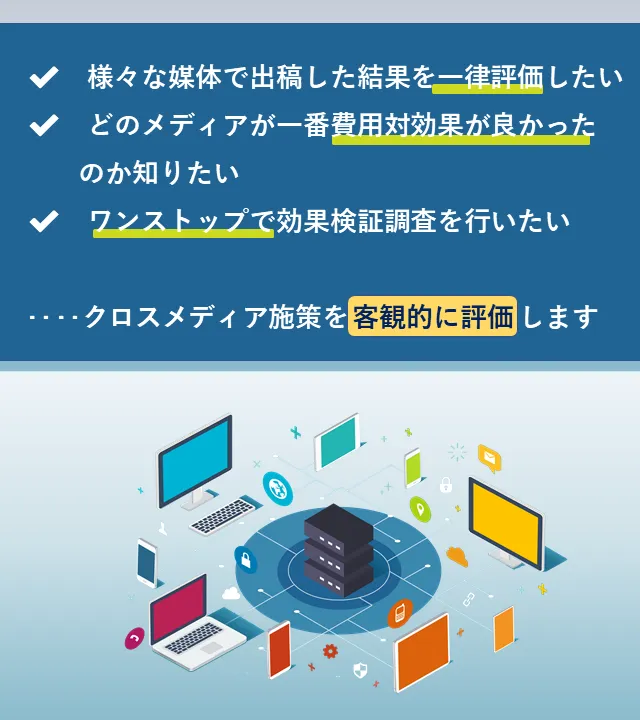 ✔様々な媒体で出稿した結果を一律で評価したい✔どのメディアが一番費用対効果が良かったのか知りたい✔ワンストップで効果検証調査を行いたい...クロスメディア施策を客観的に評価します