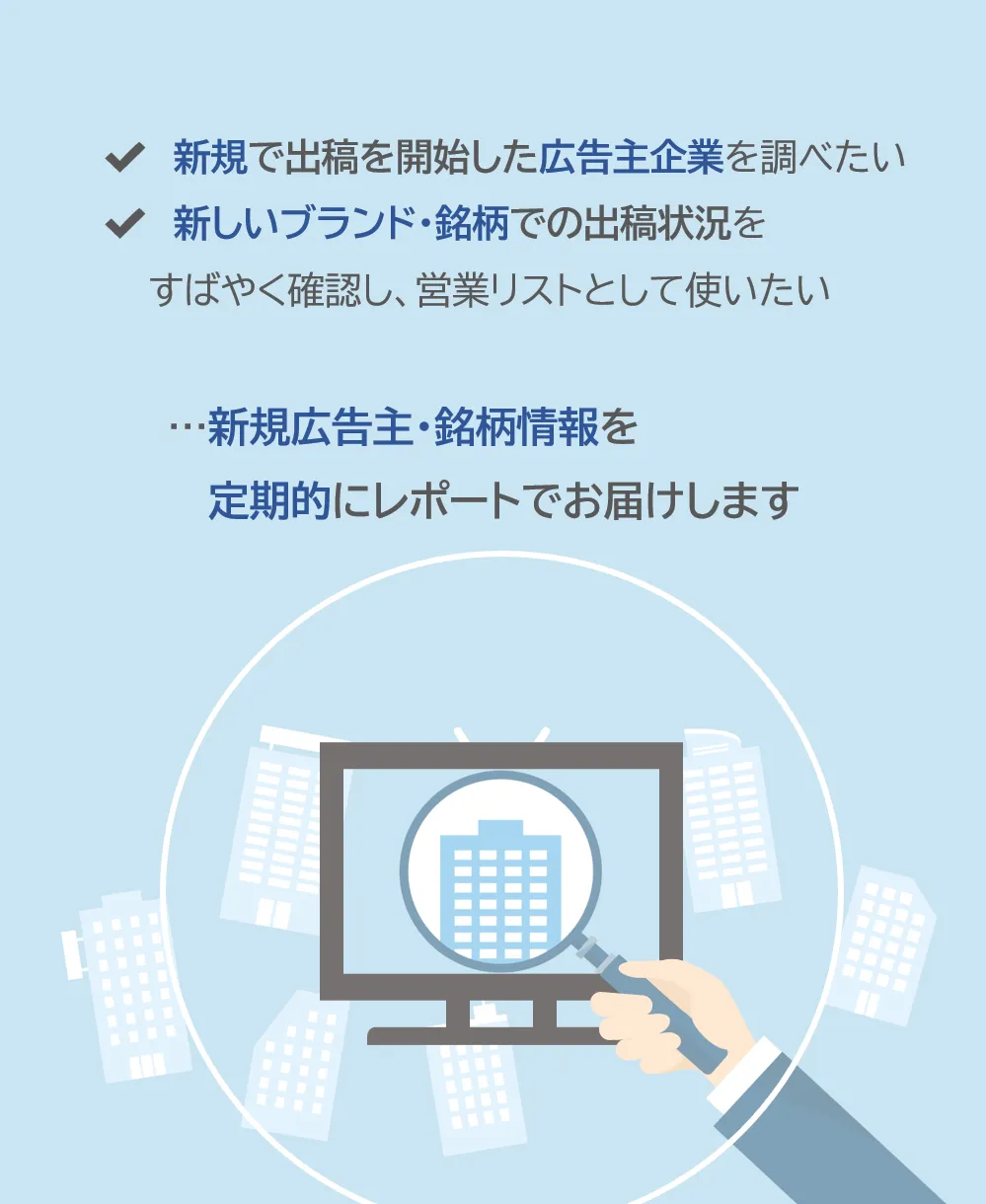 ✔新規で出稿を開始した広告主企業を調べたい　✔新しいブランド・銘柄での出稿状況をすばやく確認し、営業リストとして使いたい　...新規広告主・銘柄情報を定期的にレポートでお届けします