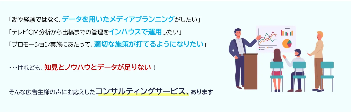 「勘や経験ではなく、データを用いたメディアプランニングがしたい」「テレビCM分析から出稿までの管理をインハウスで運用したい」「プロモーション実施にあたって、適切な施策が打てるようになりたい」・・・けれども、知見とノウハウとデータが足りない！そんな広告主様の声にお応えしたコンサルティングサービス、あります。