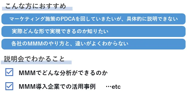 こんな方におすすめ・マーケティング施策のPDCAを回していきたいが具体的に説明できない・実際どんな形で実現できるのか知りたい・各社のMMMのやり方と違いがよく分からない・説明会で分かること☑MMMでどんな分析ができるのか☑MMM導入企業での活用事例