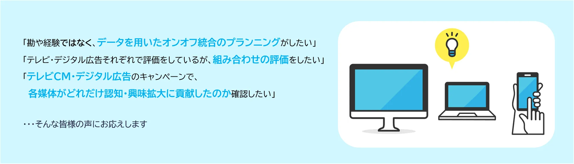 勘や経験ではなく、データを用いたオンオフ統合のプランニングがしたい、テレビ・デジタル広告それぞれで評価をしているが、組み合わせの評価をしたい、テレビCM・デジタル広告のキャンペーンで、各媒体がどれだけ認知・興味拡大に貢献したのか確認したい。そんな皆様の声にお応えします