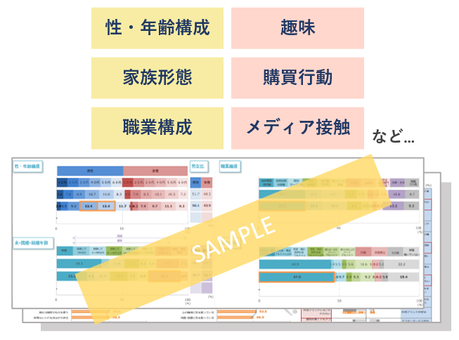 性・年齢構成　家族形態　職業構成　趣味　購買行動　メディア接触　など...